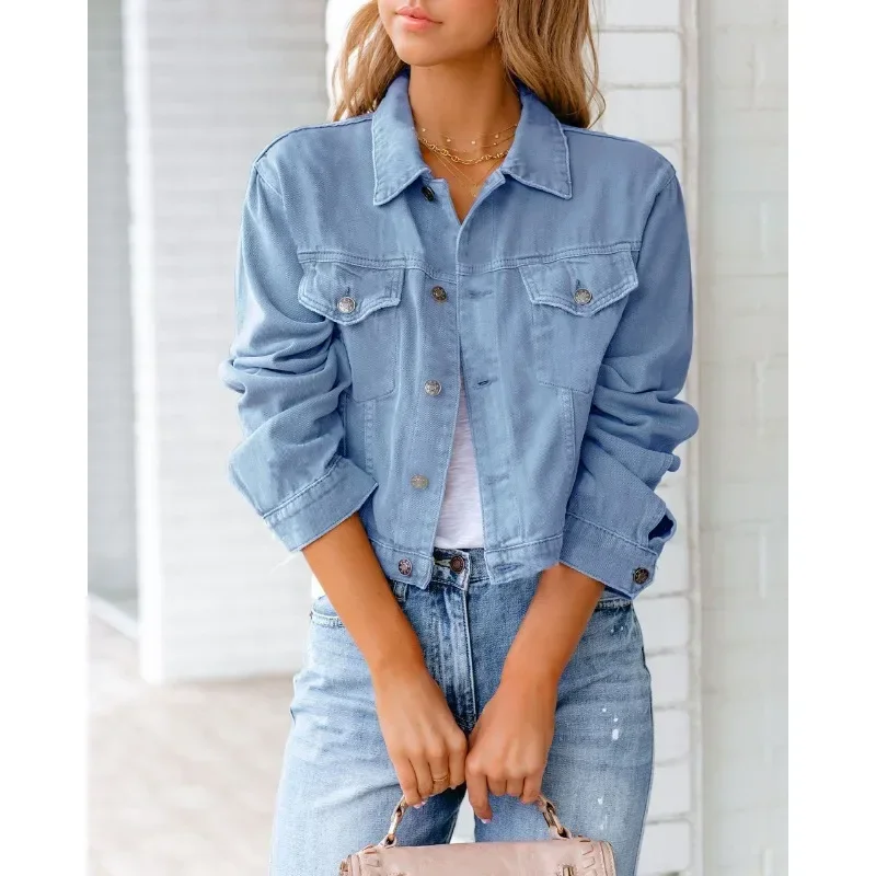 

Short Pockets Jacket Fashion Streetwear Single Breasted Trend Women Denim Coats Long Sleeve Autumn New Denim Denim Coats