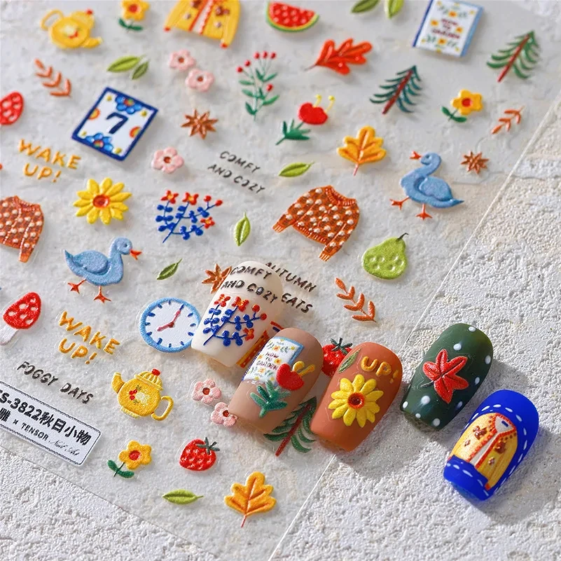 Autumn Fall Leaf Sweater Fruits Pine Tree Flower Duck Sunflower Mushroom Ginkgo Biloba Adhesive Nail Art Stickers Manicure Decal