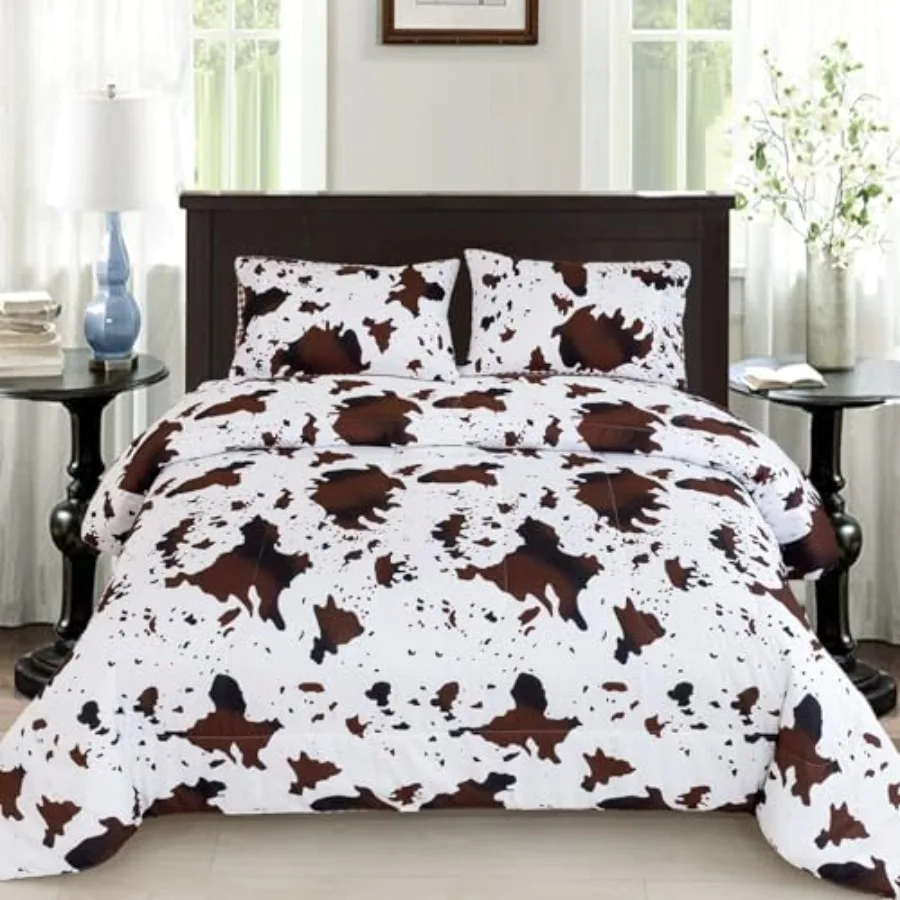 

Cow Print Boys Comforter Size 3 Pieces - 1 Comforter and 2 Pillowcases , Cowhide Western Bedding Set for Girls, Reversible Plai