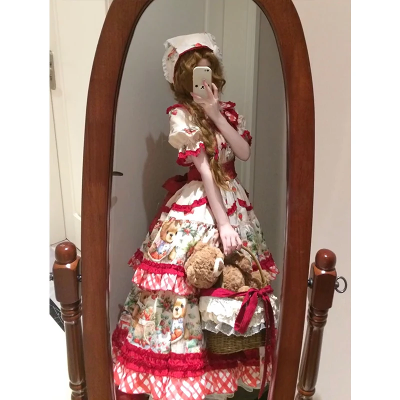 Dolce Orso Stampa Fragola Y2k Abito Lungo Op Ragazze Kawaii Carino Lolita Abiti Grembiule Set Mori Ragazze Cla Principessa Tea Party Dress