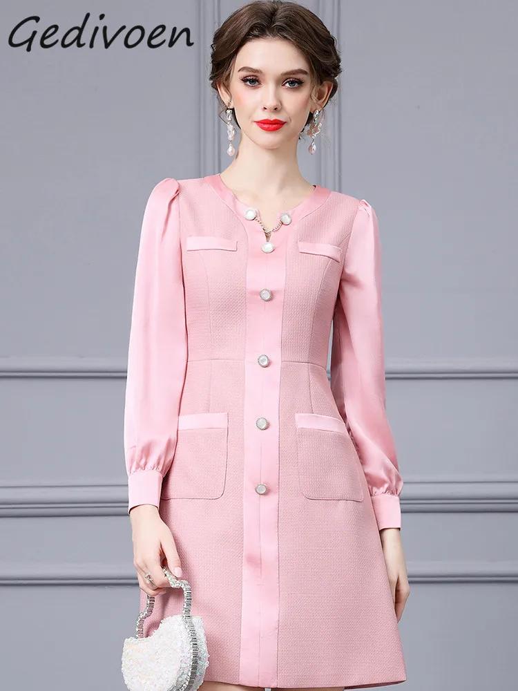 

Gedivoen Autumn Fashion Designer Pink Vintage Party Dress Women's V Neck Long Sleeve Button Pockets High Waist Slim Mini Dress