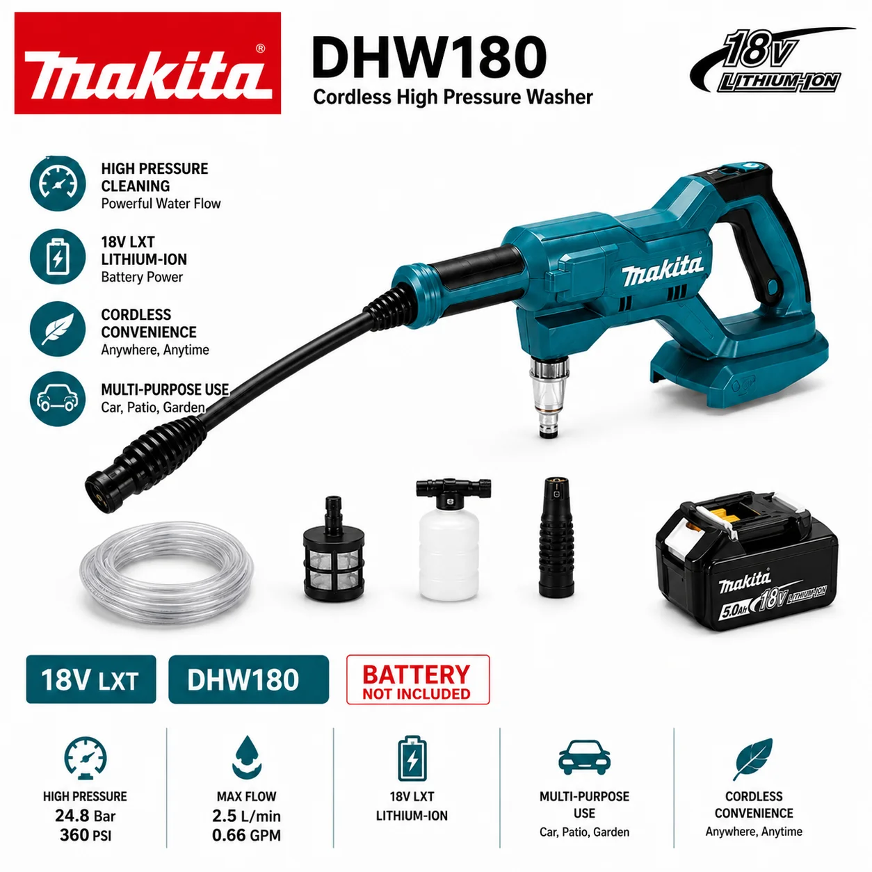 Original Makita DHW180 18V Kabelloser Hochdruckreiniger Tragbarer Reiniger Drahtlose Wasserspritzpistole Autowäscher Garten Terrasse Außenreinigung Kompatibel mit Makita 18V LXT Akku BL1830 BL1830B