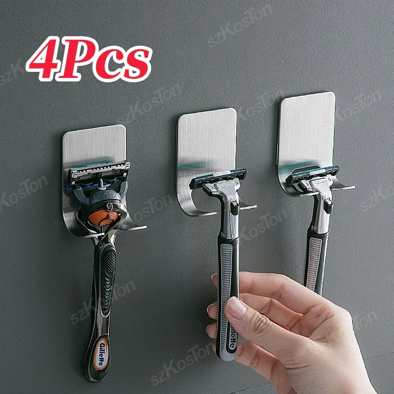 1-4PCS No-Punch Razor Holder Adhesive Stainless Steel Storage Hook Bathroom Razor Waterproof Wall Mounted Shelf Razor Holder