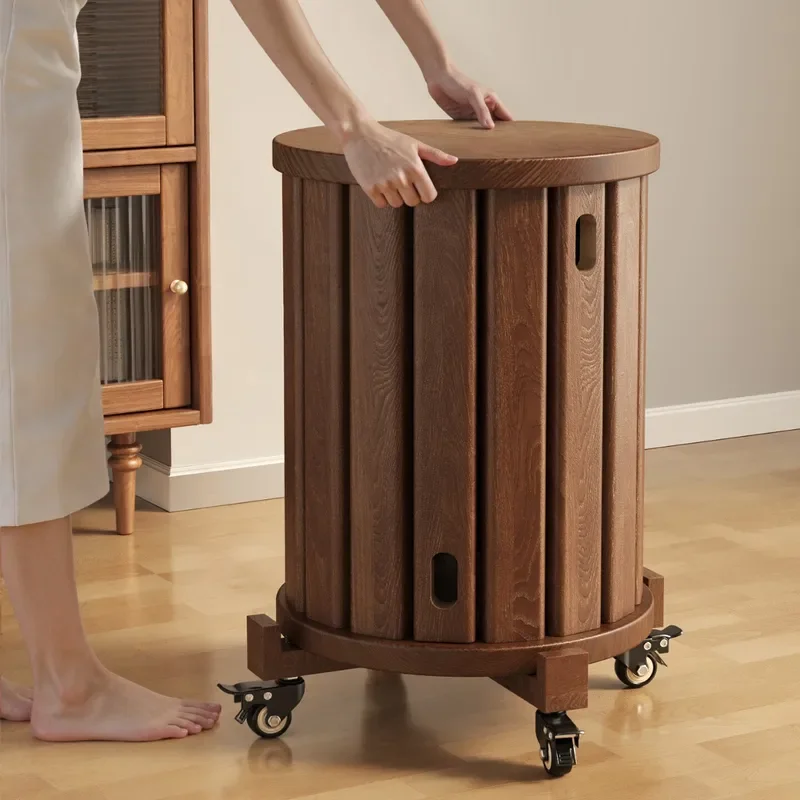 New Chinese Style Solid Wood Round Stool Medium Antique Stackable Storage Stool with Music Belt Pulley Design Guest Spare