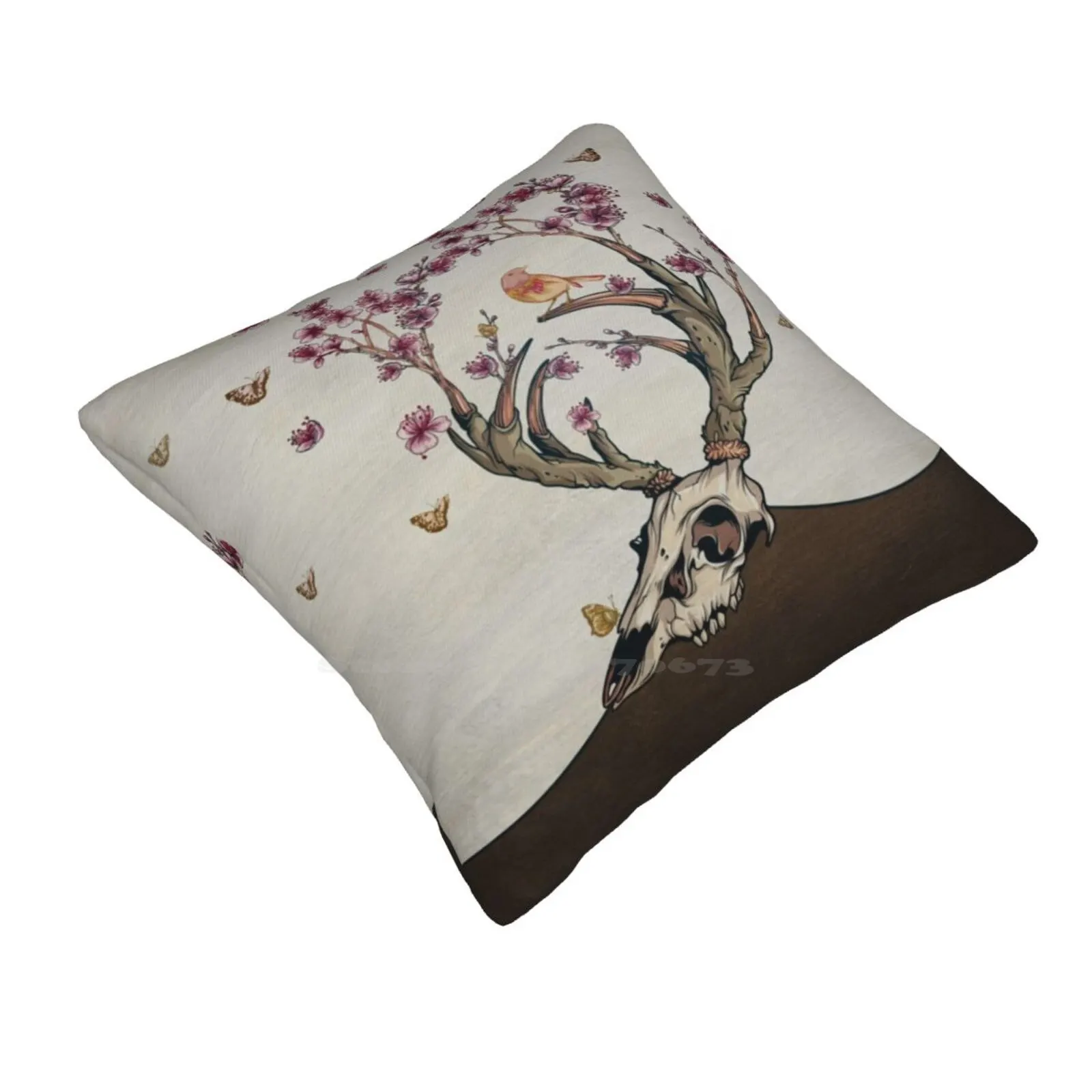 Life Throw Cushion Pillow Cover Skull Bird Butterfly Horn Sakura Flower Earth Cherry Blossoms Tree Texture Life Death