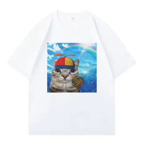 Greetings Huzz T-shirt Silly Cat Meme Printed Summer Hip Hop Women Crewneck Shortsleeve Casual Y2k Tshirt Clothing