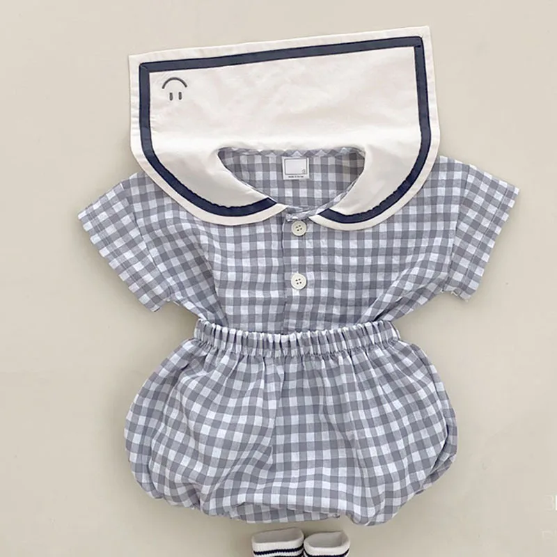 Baby Girl Clothes Set Infant Boy Short Sleevs T-shirt And Bread Shorts 2pcs Sets Toddler Unisex Cotton Plaid Tops+bloomer Suit