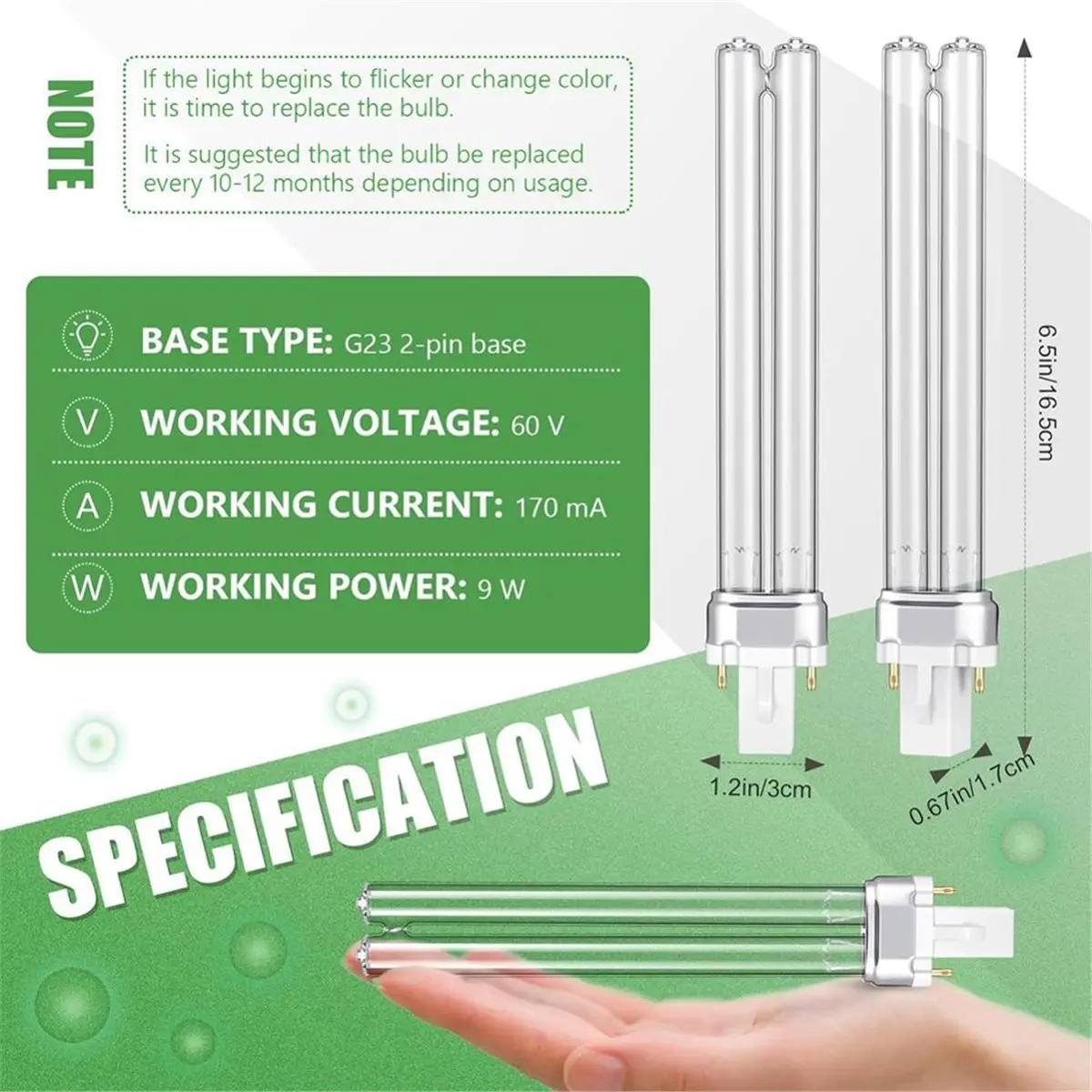 AA19 4pcs UV UV-C Light Bulbs 9W G23 Base Replacement Bulb for Outdoor Pond Clarifier Lamp Compatible with UVE9 CF400 CF500