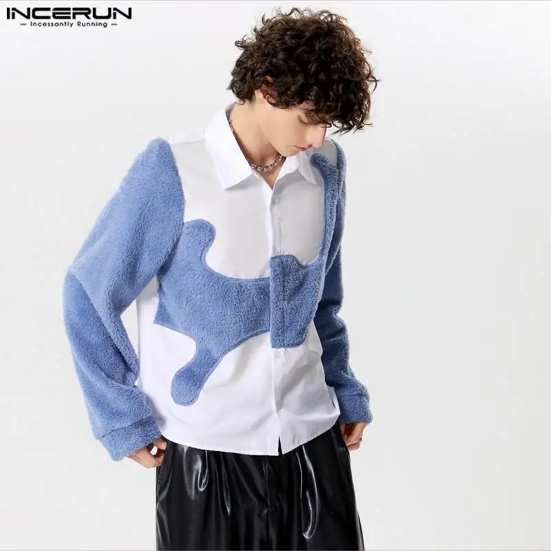 2024 Men Shirt Plush Patchwork Lapel Long Sleeve Button Casual Men Clothing Streetwear Fashion Leisure Camisas S-5XL INCERUN