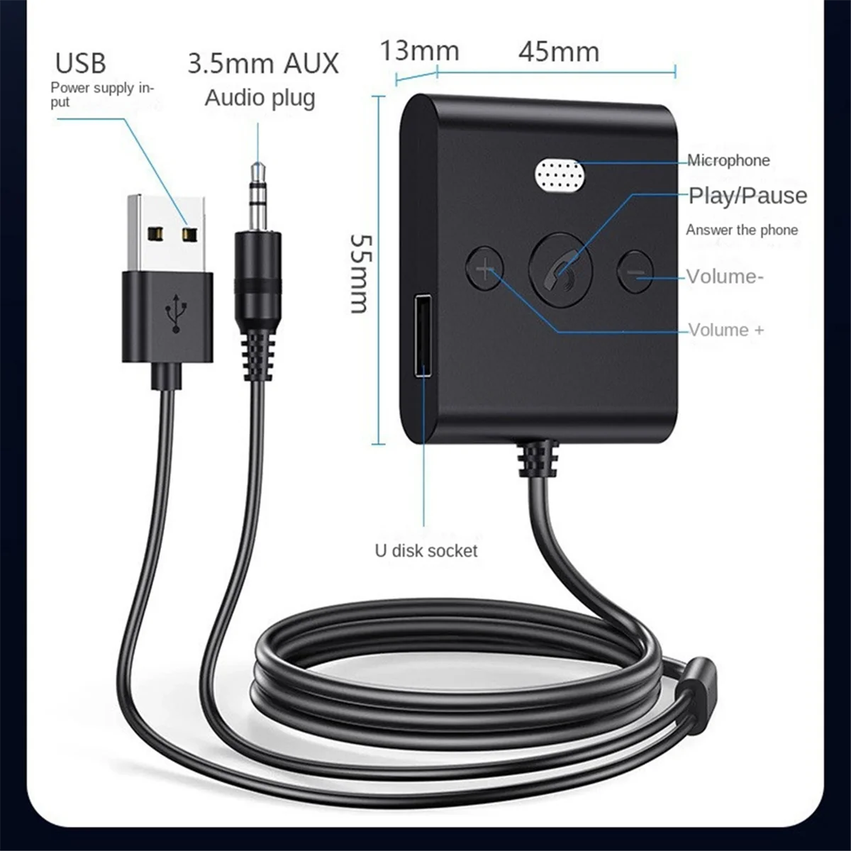 Sust-aBluetooth 5.4 Adattatore per auto AUX con microfono Ricevitore audio wireless stereo USB U-Disk da 3,5 mm Kit per auto Chiamate in vivavoce
