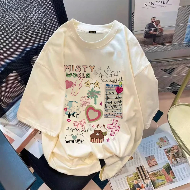 Y2k Aesthetic O Neck Tops Women Casual Fashion Harajuku Tees Oversize Kawaii Cartoon Print T-shirts Short Sleeve 2024 Summer New