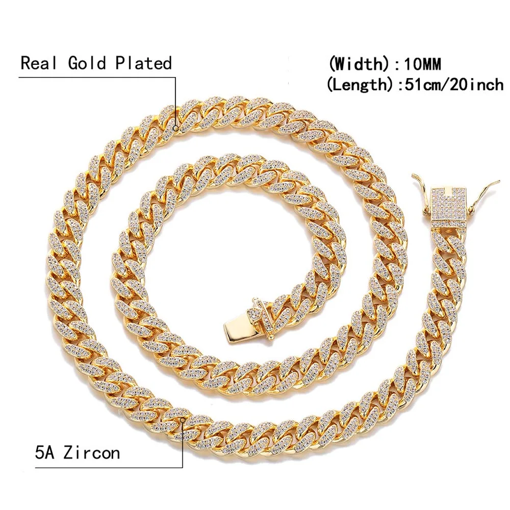 10mm Cuban Link Necklace Shining Iced Out 5A CZ Miami Men Women Boys Jewelry Bracelet Gifts 2-Row Cuban Chain with Full Diamonds