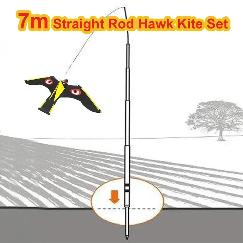 1 Set Hawk Kite with 7m Rod - Emulation Flying Bird Scarer Driving Bird Repellent for Garden Scarecrow Yard Bird Repeller