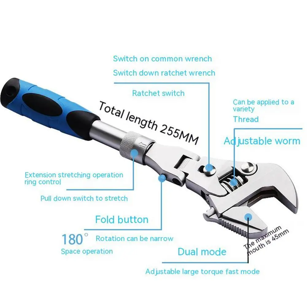 Manual Tool Ratchet Wrench 10 Inch 5 In 1 Household Maintenance Pulley Wrench 180 Degree Folding Adjustable Torque Wrench