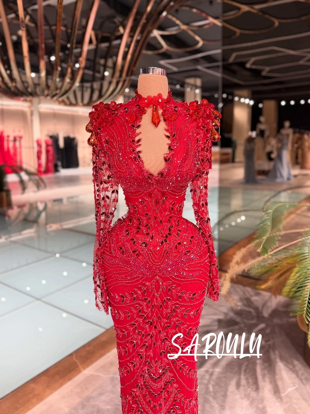 

Stunning Glitter Red Evening Dress Fashion Cut Out Long Sleeves Customized Prom Gown Exquisite Beads Crystals Formal Events Wear
