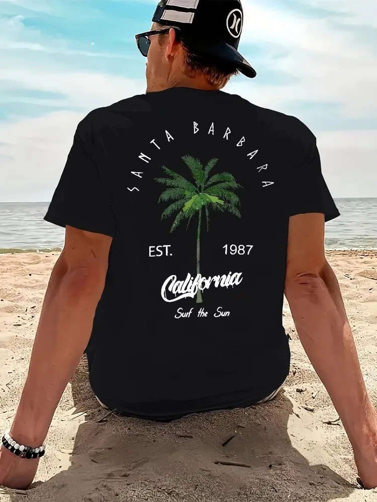 Men's Summer 100% Pure Cotton Fashionable Casual Loose California Beach Coconut Print Sports Round Neck Short Sleeved T-shirt
