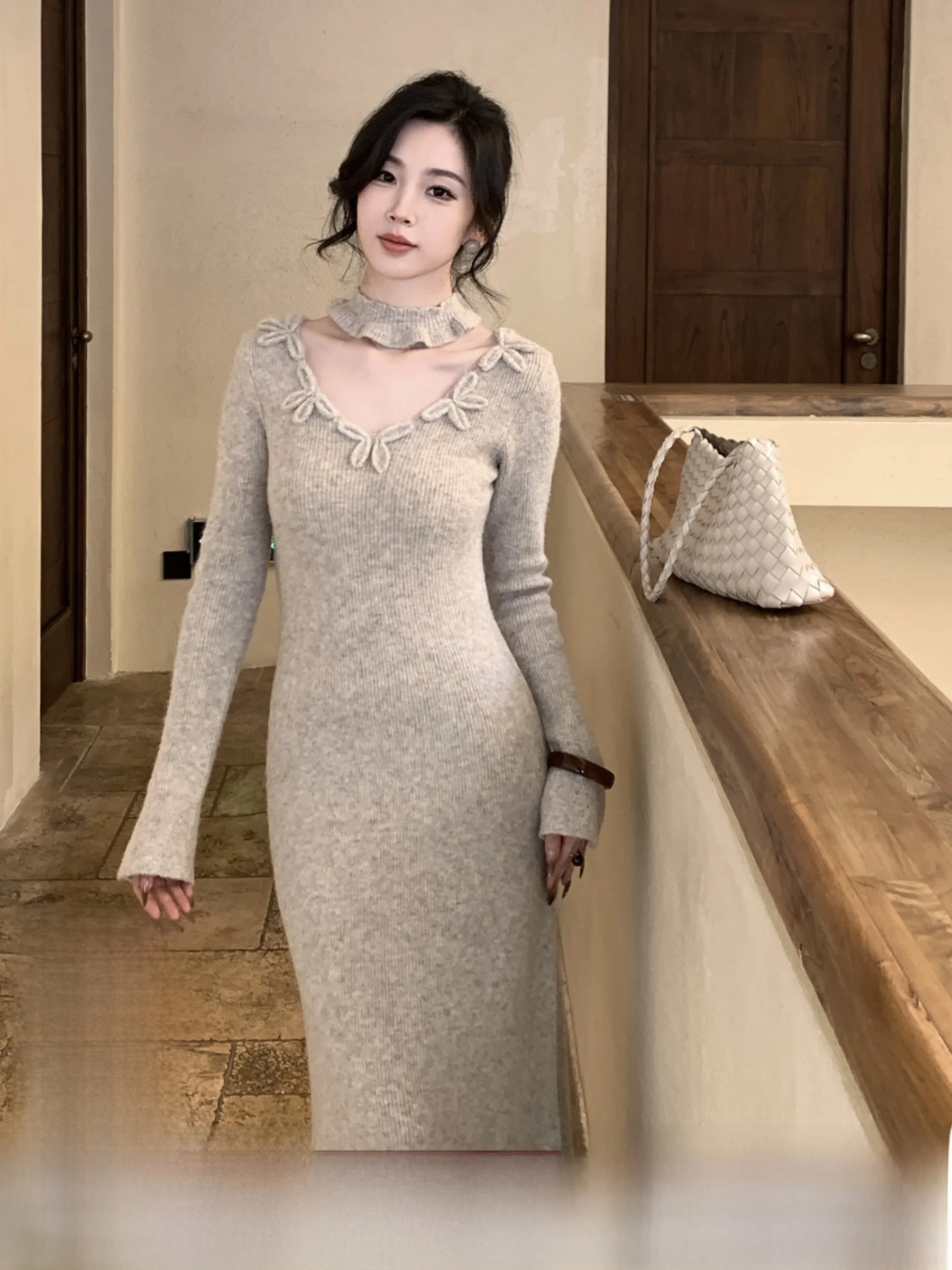 

uyu SYT Wool Knitted Slimming Dr with Scarf Neline Long Sve V-Ne Mid-Waist A-Line Dr Ele Sle for Women