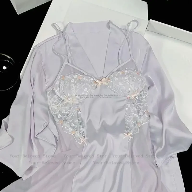 

Фиолетовый комплект ночной рубашки, сексуальное кружевное нижнее белье с вышивкой, одежда для сна на бретельках, 2 шт., ночная рубашка, комплект из искусственного шелка, кимоно, короткий халат, ночная рубашка