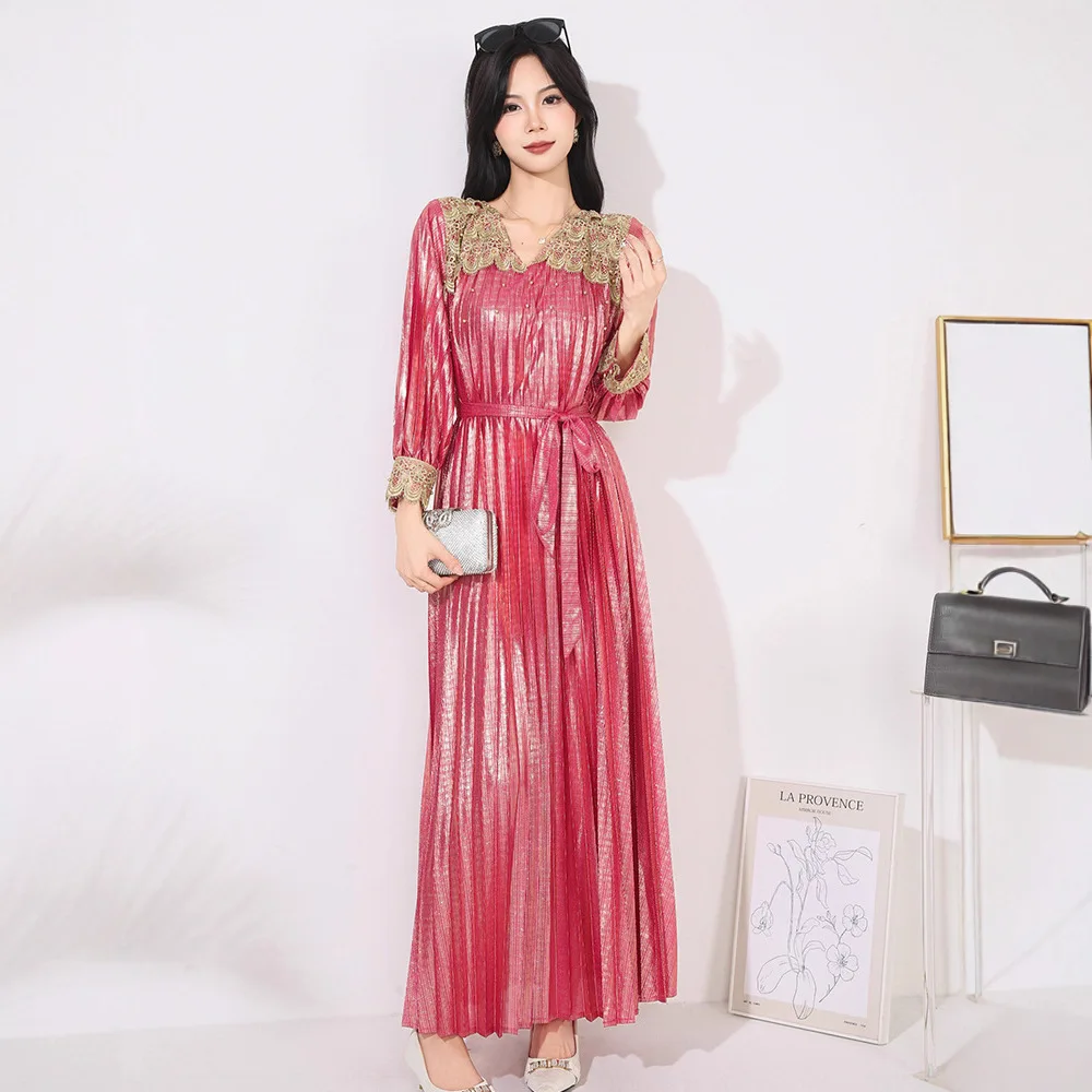 

Miyake Style Colorblock Design New Pleated Women's Dress Gold Foil Printing Loose V Collar Famale Clothing Chic Loose Dresses