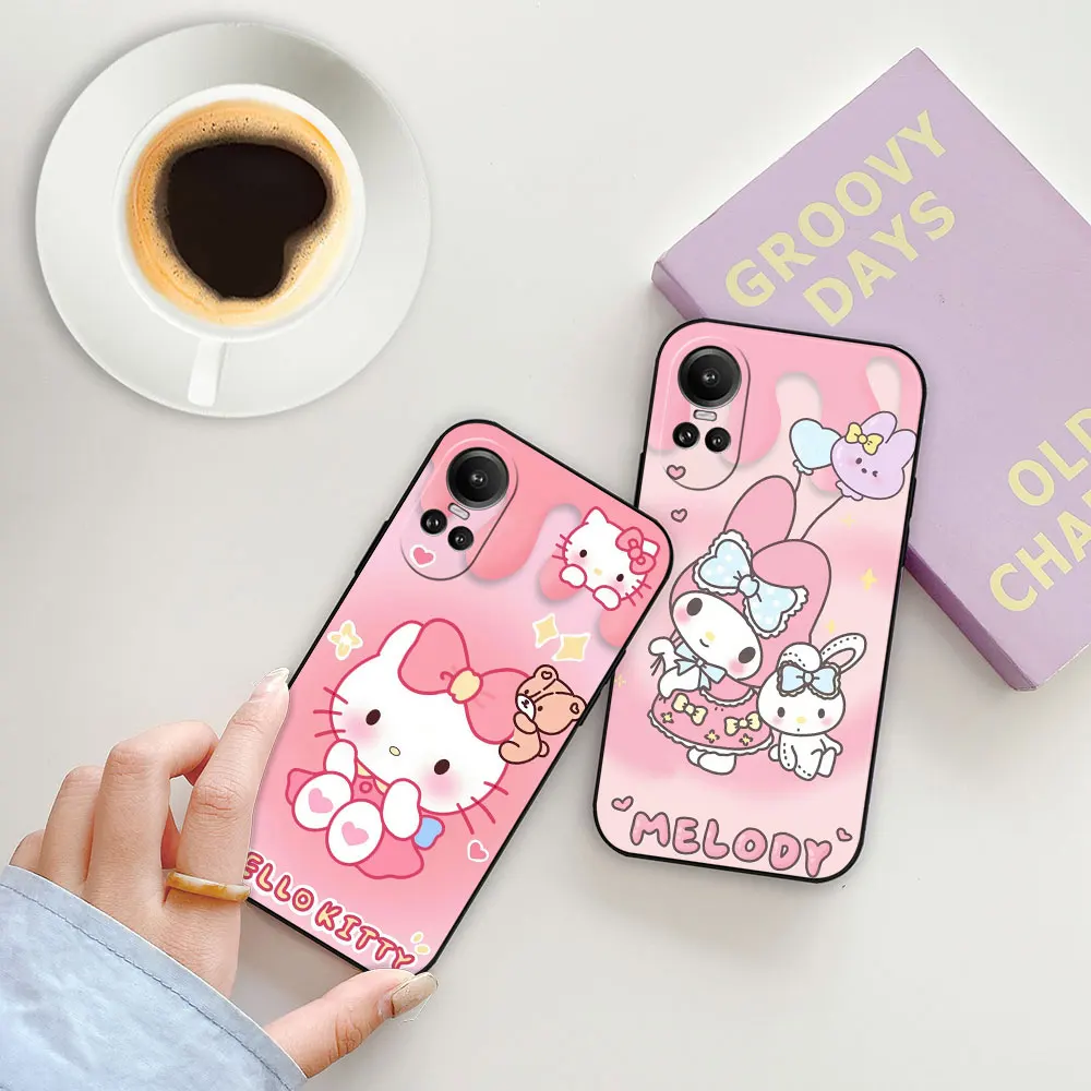 Anime Hello Kitty Kuromi My Melody Phone Case For OPPO Reno 11 11F 10 10X 8 8T 8Z 7 7Z 6 6Z 5 4 Pro Plus 4G 5G Black Soft Cover