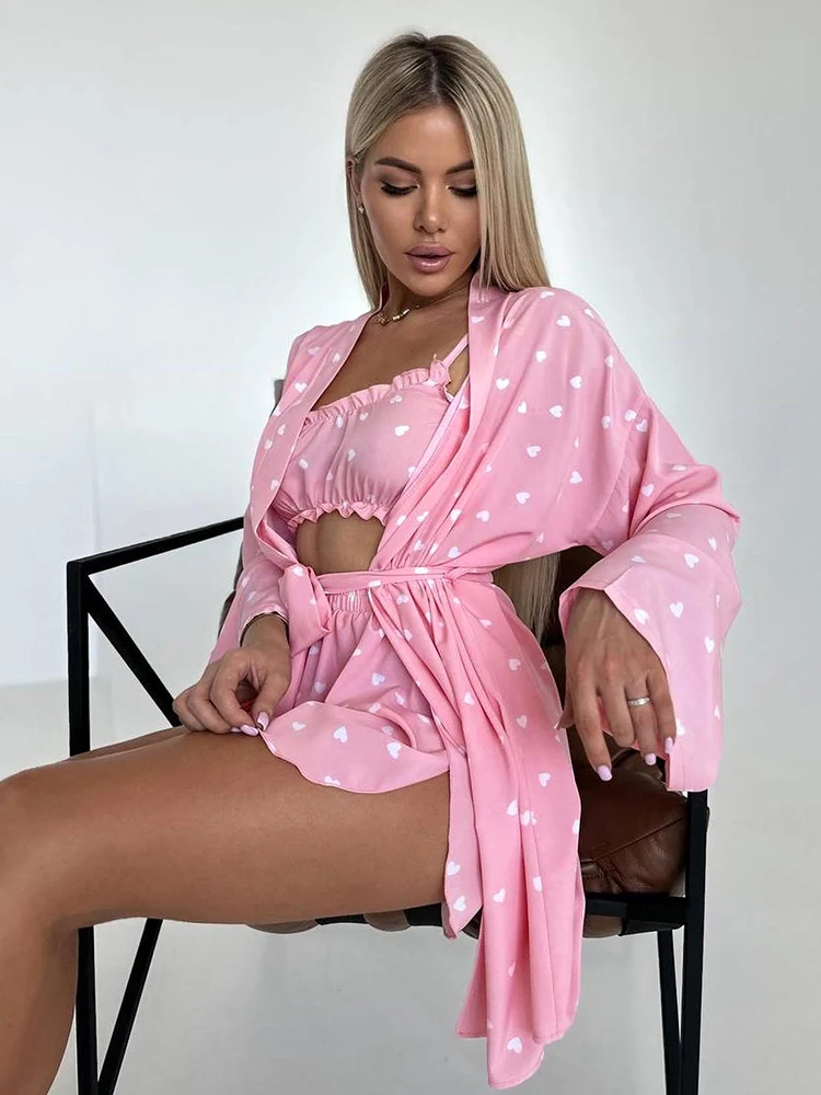 Hiloc Fashion Print Robe Pajamas Sets 3 Pieces For Women Casual Pink Sexy Strapless Crop Tops Summer Slit Shorts Sleepwear Suits