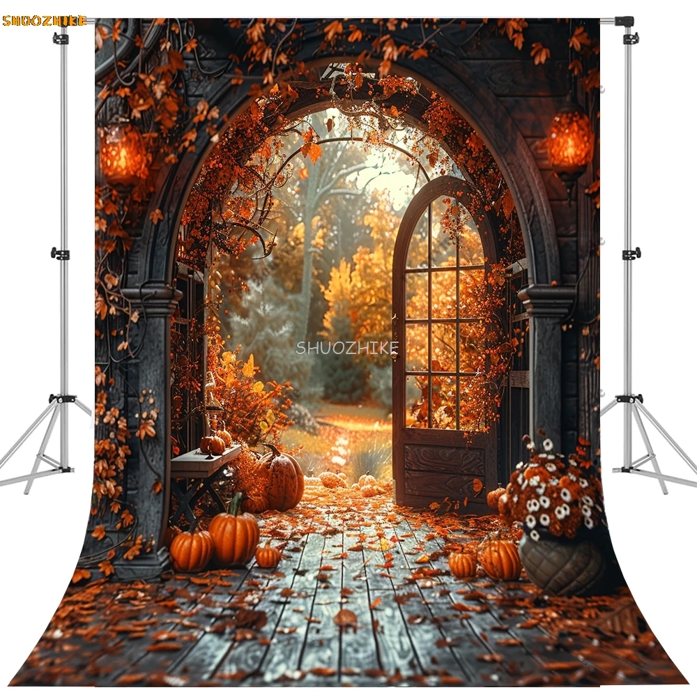 Autumn Thanksgiving Day Photography Backdrop Fall Pumpkin Barn Harvest Halloween Day Party Baby Portrait Photo Background ZLQ-02