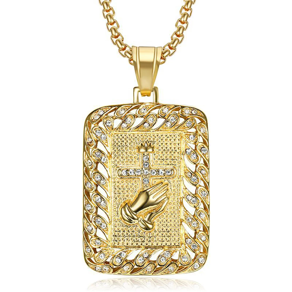 Religious Praying Hands Cross Pendant Male Gold Color Stainless Steel Christian Square Necklaces for Men Jewelry Gift