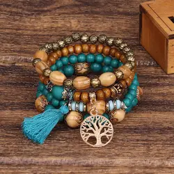 Boho Tree Of Life Bracelet Set For Women Fashion Tassels Charm Wooden Beads Elastic Chain Bangle Girl Trendy Party Jewelry