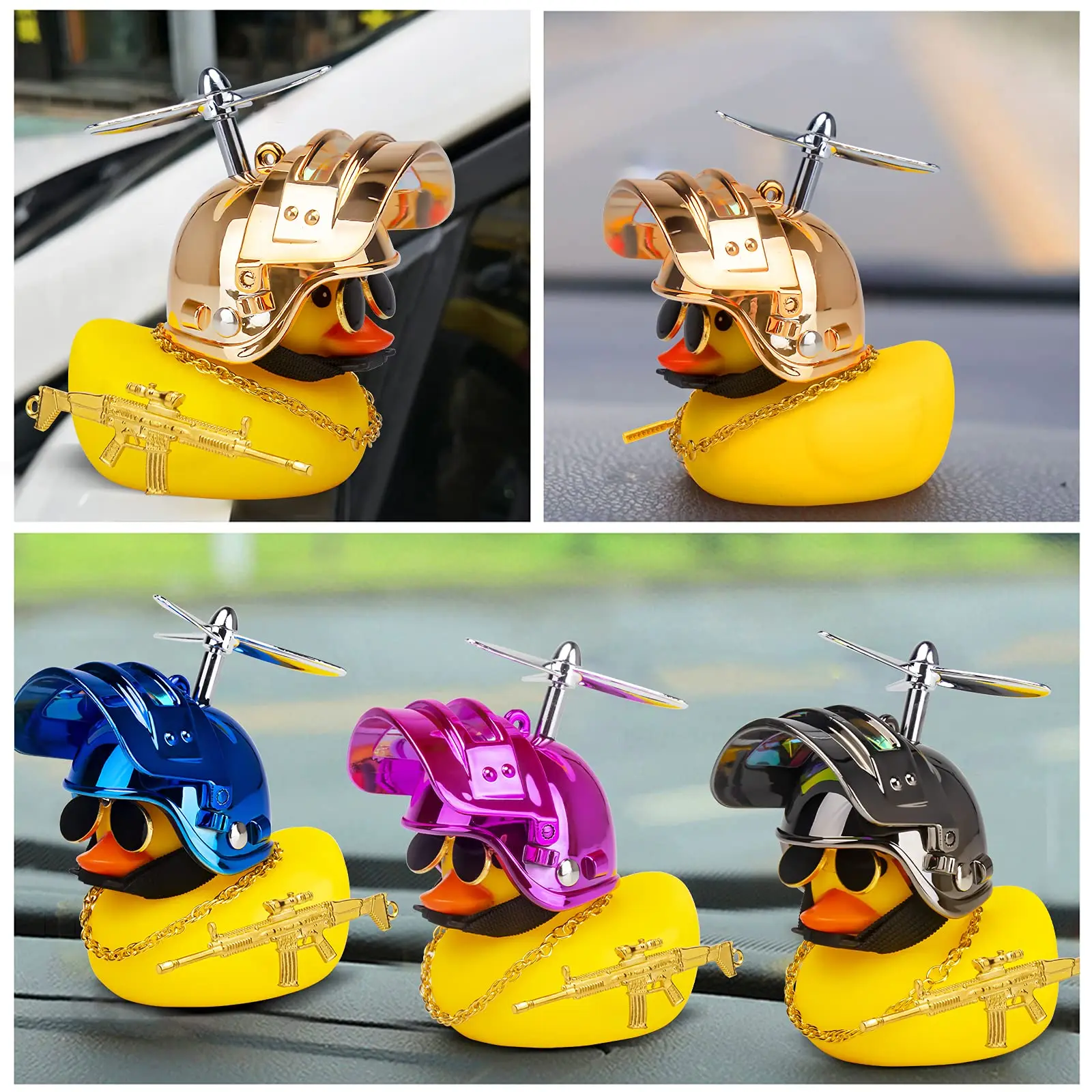 Car Duck With Helmet Propeller Rubber Duck Auto Interior Decoration Car Ornaments Bicycle Road Bike Motor Accessories Kids Toy