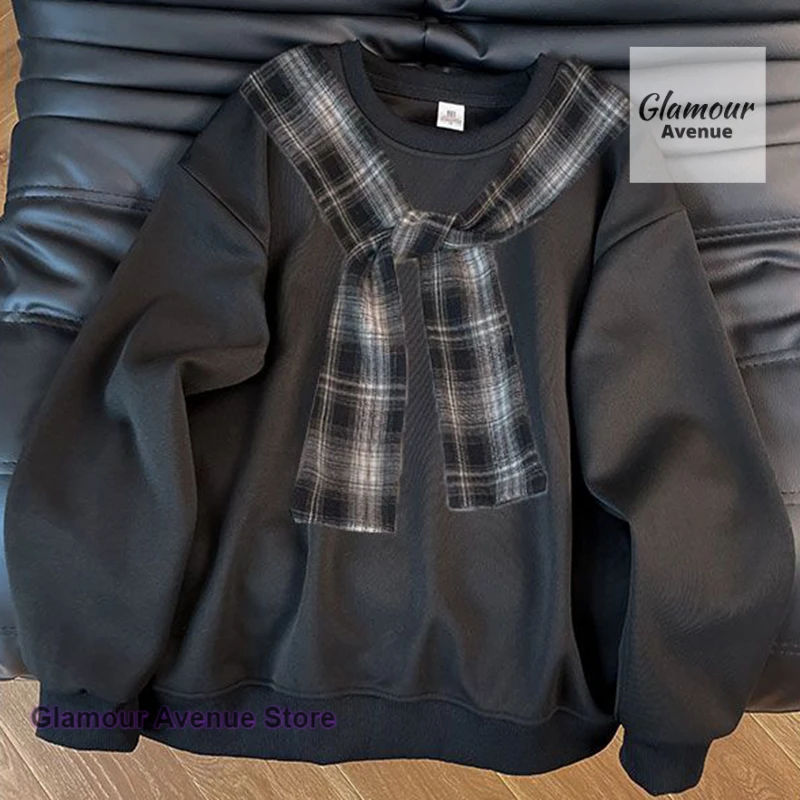 เสื้อสเวตเตอร์คอทรงกลมลายสก็อตแบบอเมริกันสำหรับผู้หญิง ฤดูใบไม้ผลิและฤดูใบไม้ร่วง ดีไซน์ใหม่ ทรงหลวม แฟชั่นทันสมัย สไตล์ลำลอง