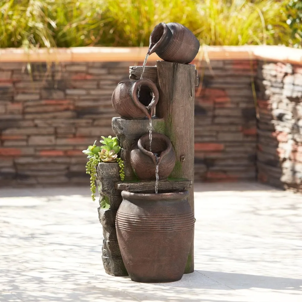 

Four Jug 39 1/4" High Large Rustic Indoor Outdoor Decor Faux Stone Floor Fountain with Light LED Waterfall Cascading Standing