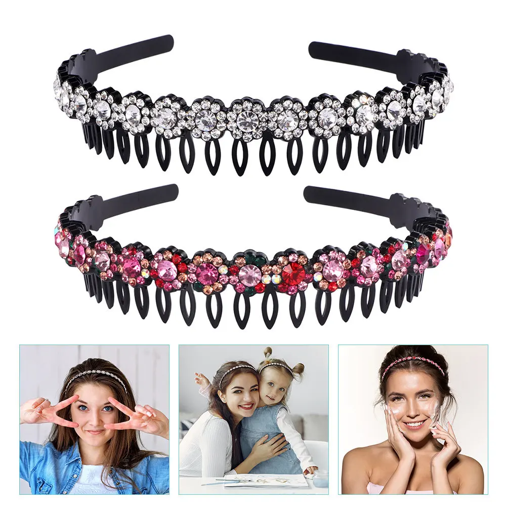 

2Pcs Teeth Comb Headband Rhinestones Nonslip Hairbands for Women Face Washing Makeup Daily Use Face Wash Headband