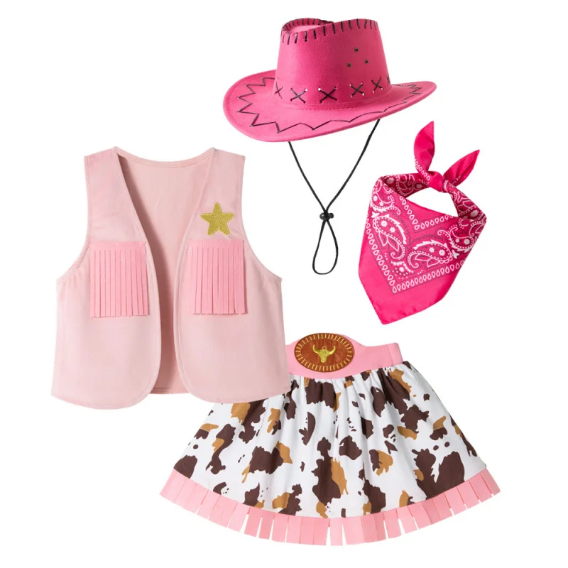 

Pink Western Cowboy Skirt Set Girls' holiday costume, role-playing outfit, vest set, performance costume4Set