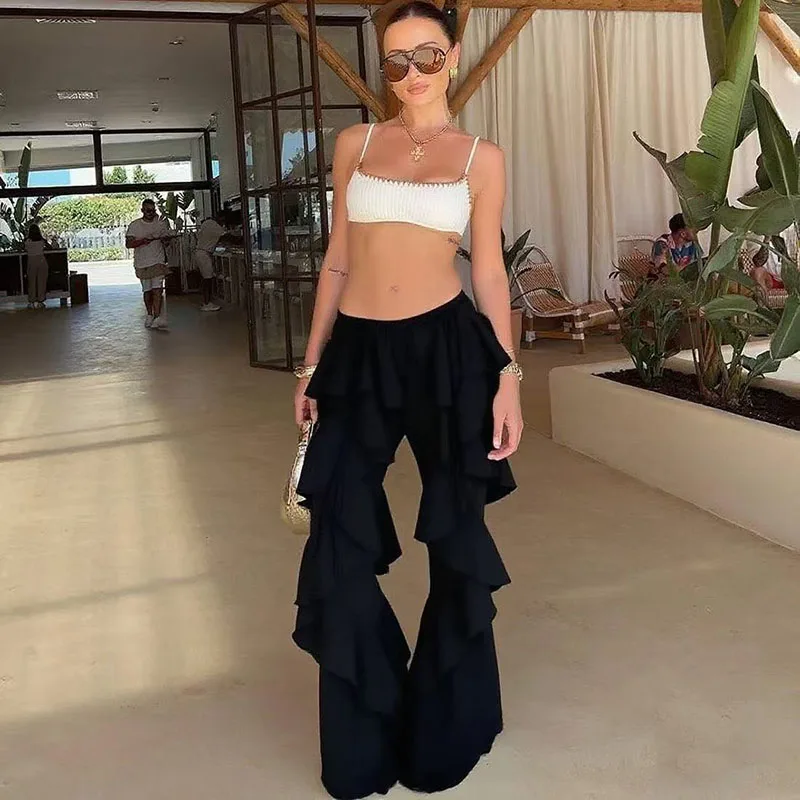 Iamhotty European and American Ruffle Mesh Cake Pants See-Through Light and Comfortable Casual Pants
