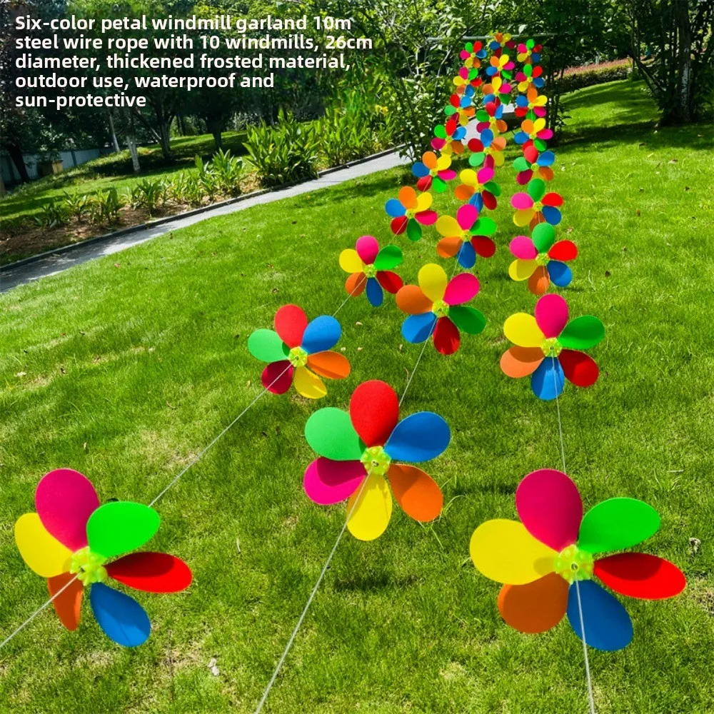10pcs 26cm 10meters Petal Windmill String Colored Windmill Six Colored Plastic Plastic Pinwheels Handmade