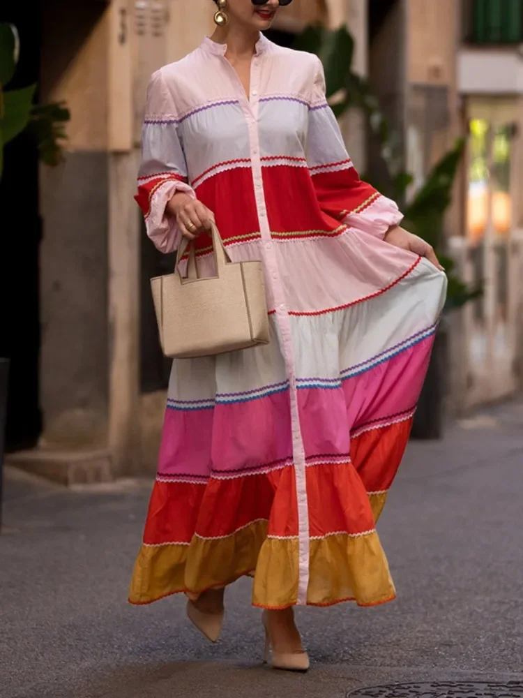 Yeezzi 2025 New Women's Colorful Striped Stand Collar Shirts Dress Puff Sleeves Wave Trim Elegant Party Evening Maxi Dresses
