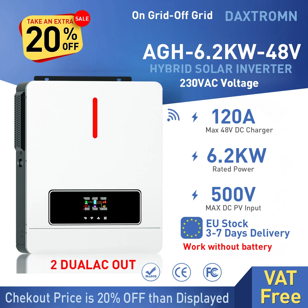 Daxtromn 3.6KW 6.2KW solar inverter 24VDC 48vDC hybrid mppt 6200W pure sine wave hybrid charge controller 120A off grid On Grid