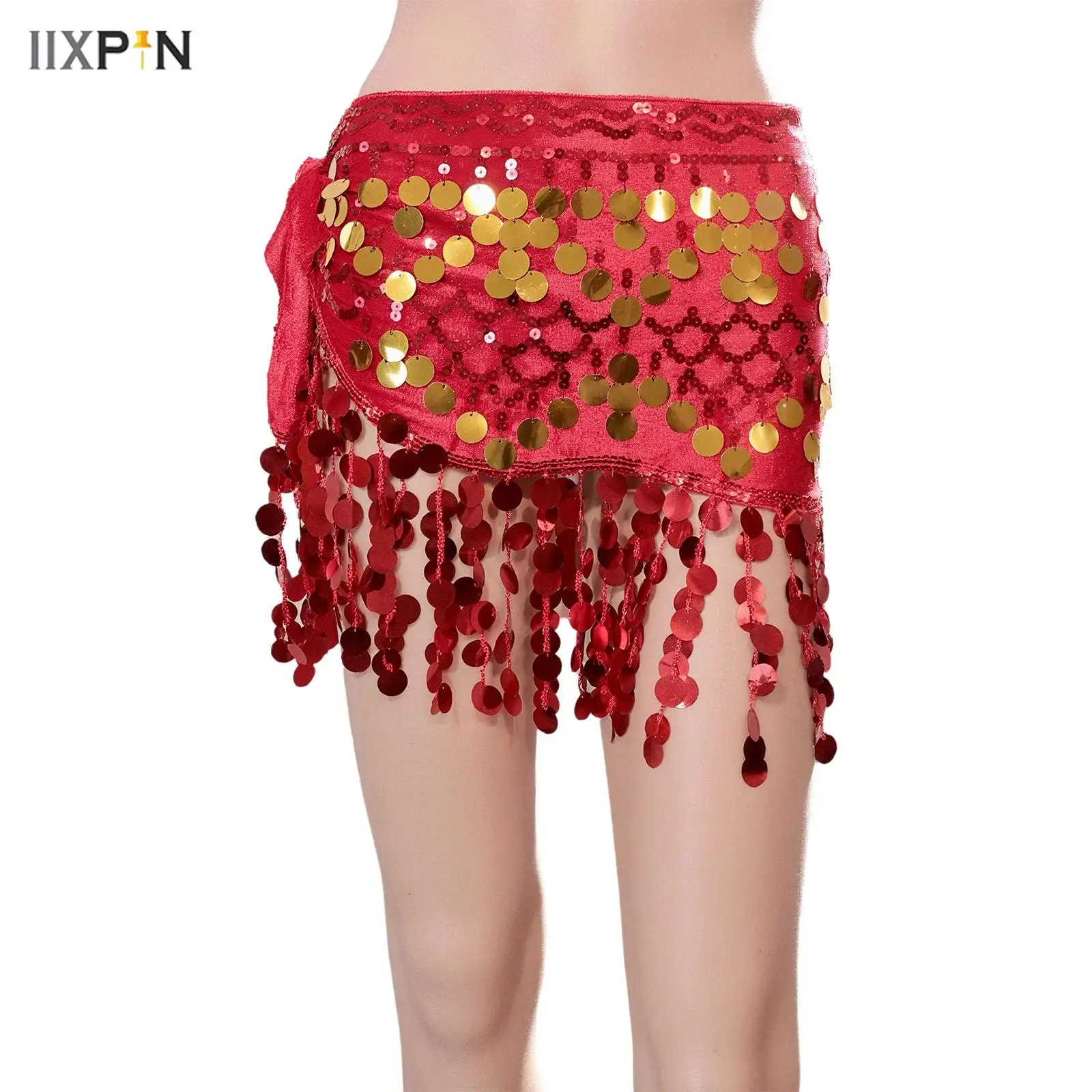 

Womens Belly Dance Hip Scarf Sparkly Sequin Tassel Lace-up Waist Skirt Hip Wrap Dancewear for Stage Performance Dancing Class
