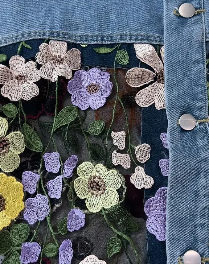 Women Fashion Vintage s New Colorblock 3D Flower Lace Embroidery Patch Denim Coat Women's Casual Turn-Down Collar