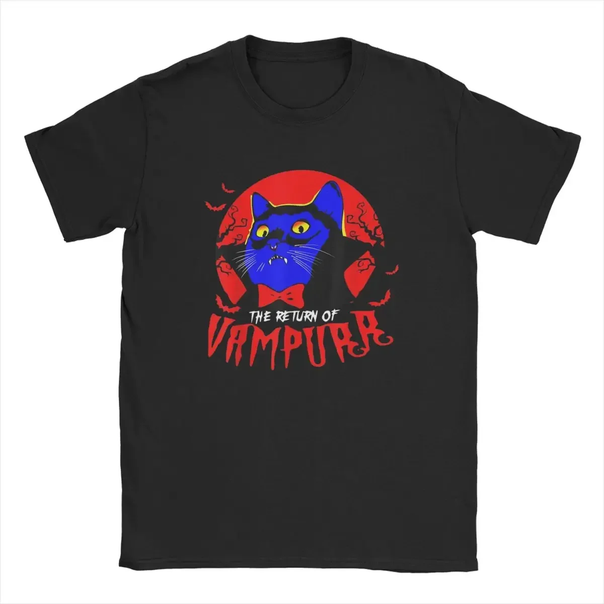 Short Sleeve Round Neck T-Shirt for Men, Vintage Clothing, Vampire Theme, Cat, The Return, Vampurr, Horror