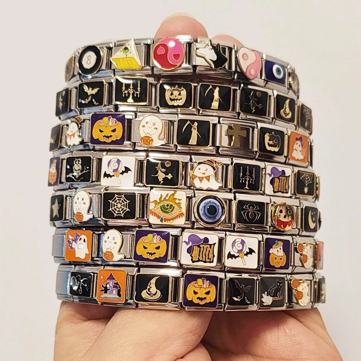 DIY Making Halloween Series Spider Bat Ghost Evil Eye Bead Black Color Italian Charm Bracelet Stainless Steel Bracelet Jewelry