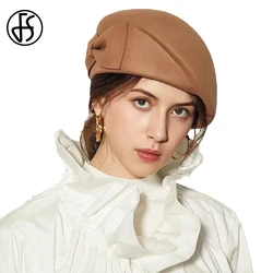 FS Red Camel 100% Wool Beret Cap Vintage Church Hat For Women Ladies Elegant Tea Party Fascinators Pillbox Hats Chapeau Femme