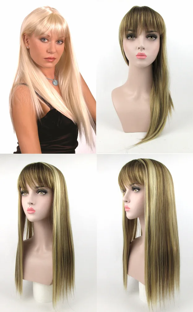 

WOMENS LADY LONG STRAIGHT HAIR WIG WITH FULL WISPY BANGS CENTER PARTING ALEXIS