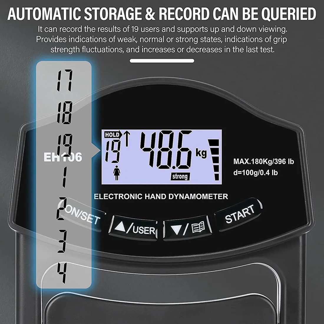 Greepsterktetester, 396 lbs/180 kg digitale handdynamometer Greepsterktemeter USB LCD-scherm Handgreepdynamometer