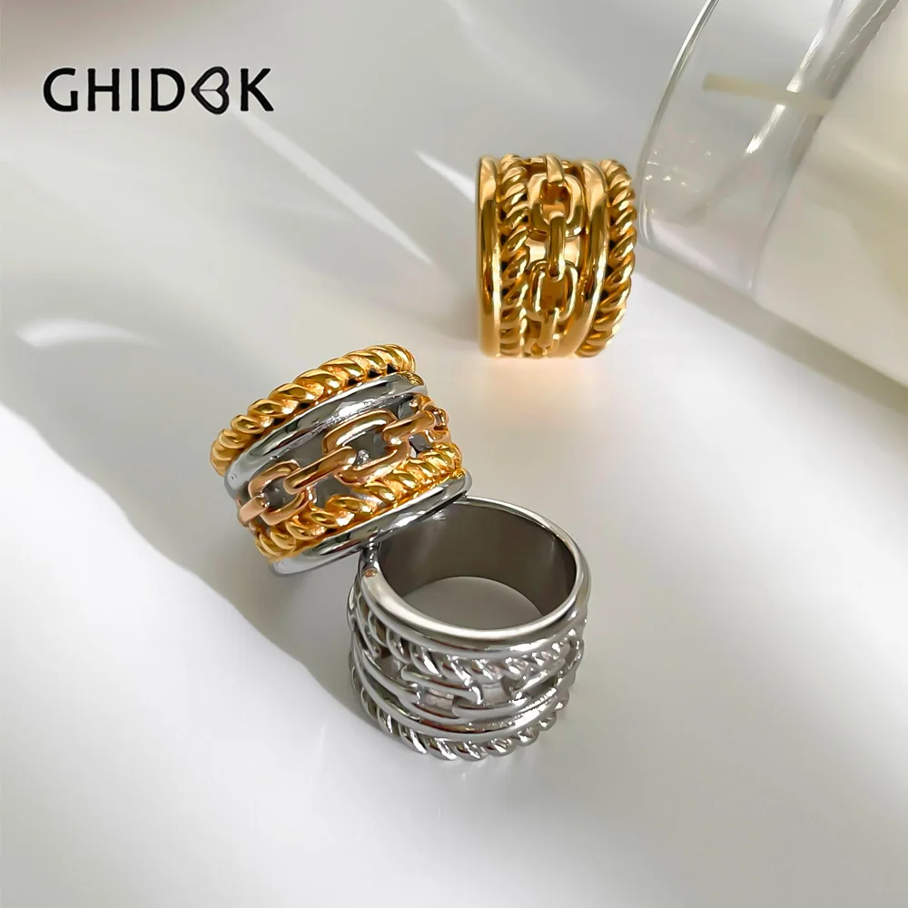GHIDBK Stainless Steel Gold-Plated Multi-Layer RotateTwists Wide Face Ring Women Fashion Niche Charm Jewelry Waterproof Gifts