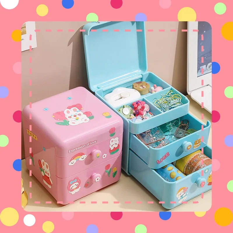 

Kawaii Small Drawer Organizer, Openable Top Cover, Pink Desk Accessories with Stickers, Makeup and Jewelry Accessories