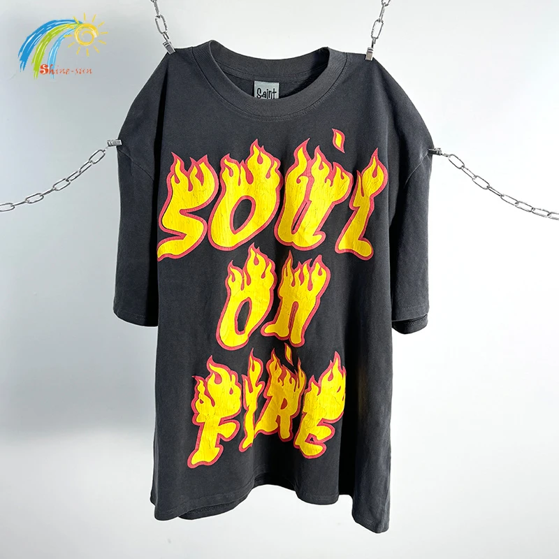 2025SS Crack Logo Printing Soul On Fire SAINT T-Shirt Men Women Hip Hop Vintage Washed Black Tee Tops Oversized Cotton T Shirt