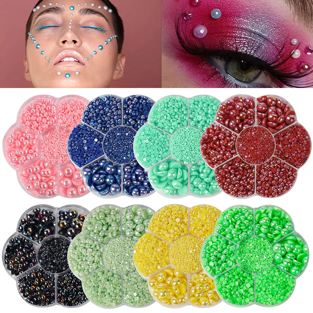 2300 pezzi/scatola oro argento bianco rosa beige perla decorazione nail art, scatola a forma di fiore, accessori di perle semicircolari per unghie fai da te