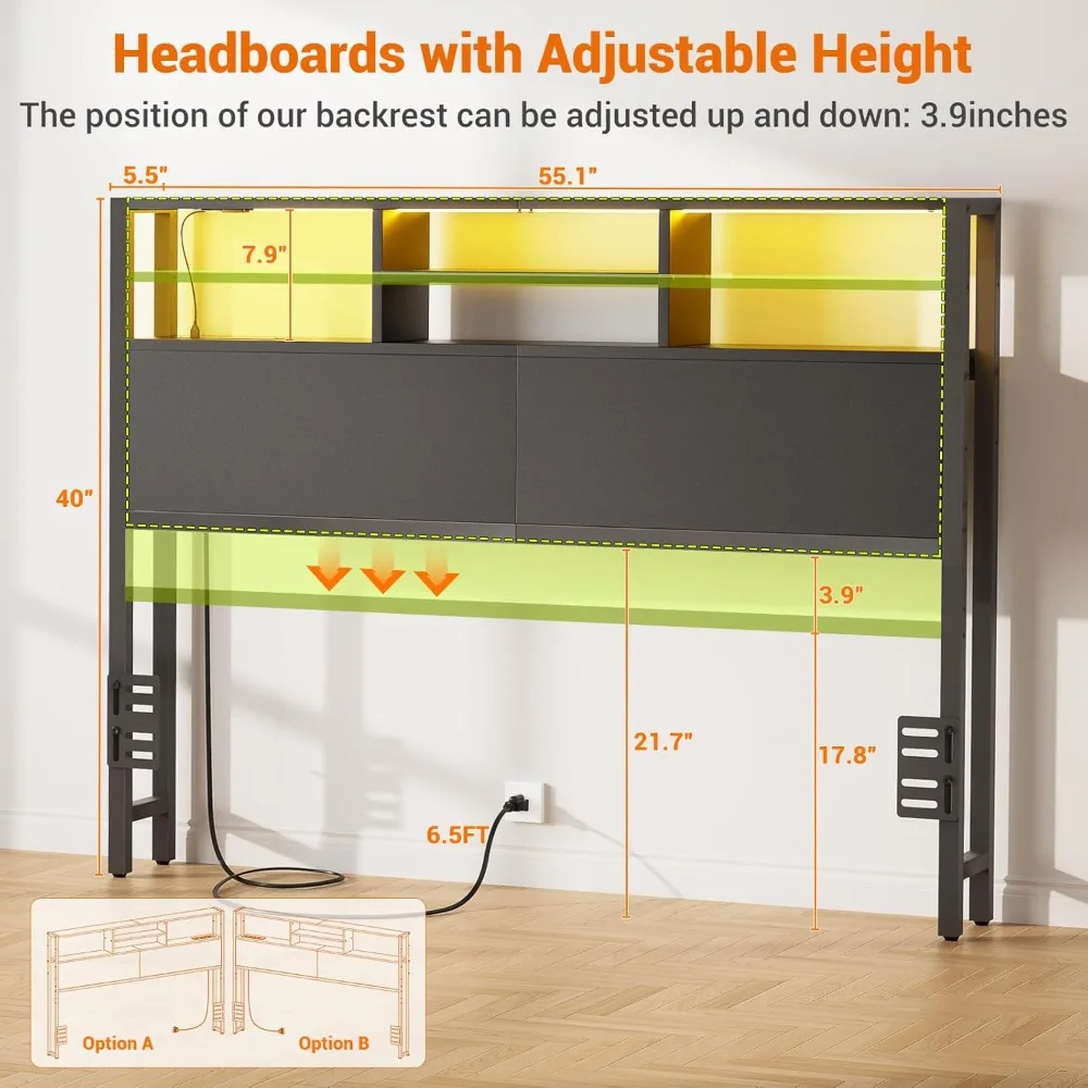 Headboard for Full Size Bed with Storage, Headboards with Outlets, USB Ports and LED Light, Full Size Head Board Only