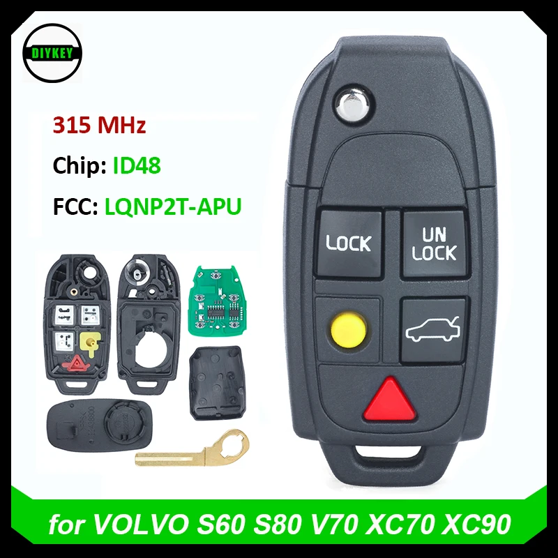 

DIYKEY for Volvo S60 S80 XC90 XC70 V70 2004-2014 Flip Smart Key Remote Fob 315MHz ID48 Chip FCC ID: LQNP2T-APU with Code